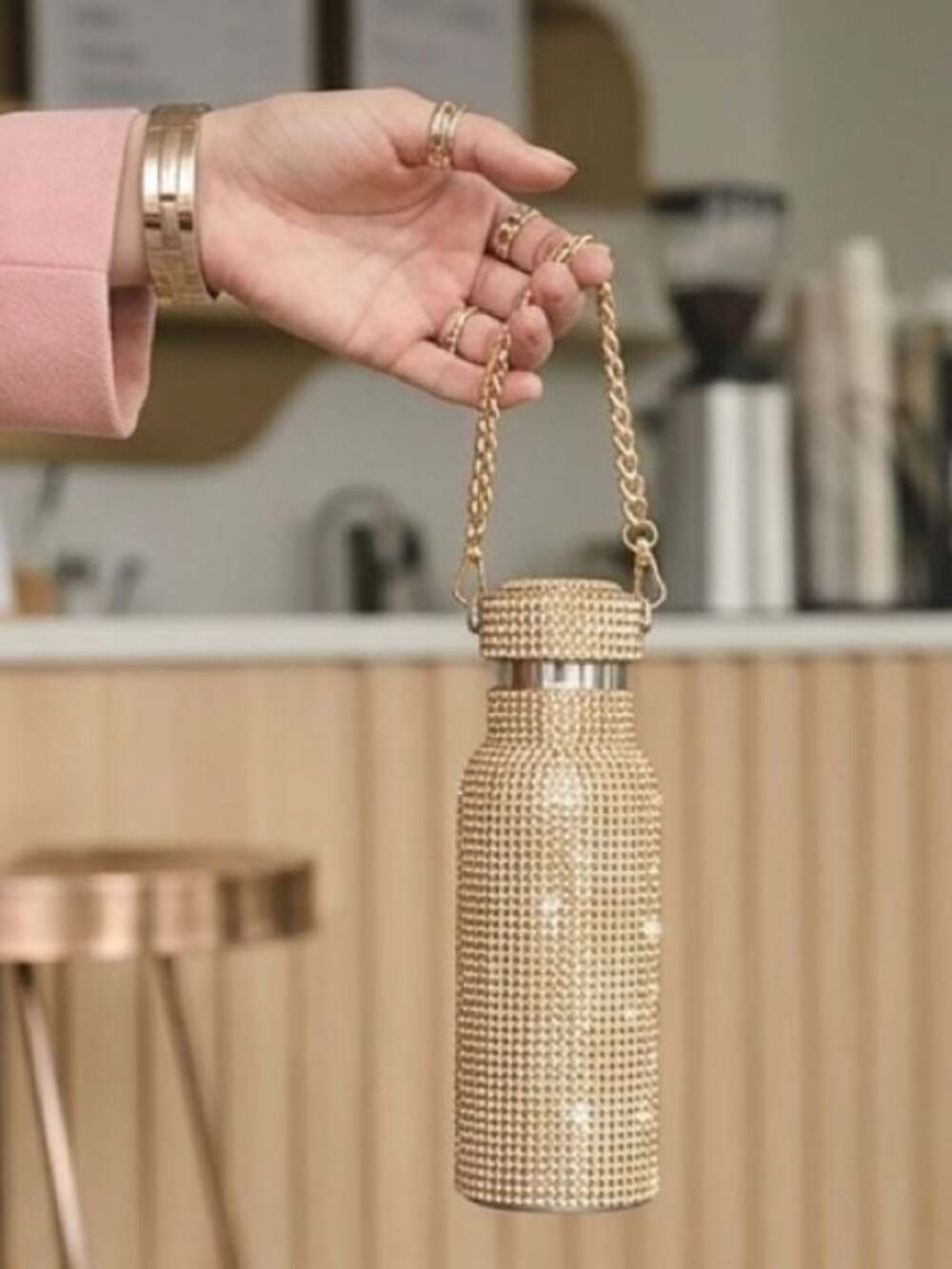 Nordstrom Gold Crystal-Embellished Water Bottle with Chain Strap - Picture 4 of 5
